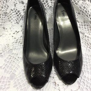 Fiona Black Faux Snake Open Toe Pumps